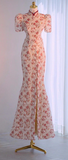 Pink Cheongsam Mermaid Print Split Short Sleeve Prom Dresses HZ1024