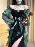 Green Strapless Velvet Ruffle Vintage Split Tea Break Dresses HZ1024