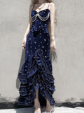 Navy Star Mermaid Dress Velvet High Leg Split Irregular Skirt HZ1024