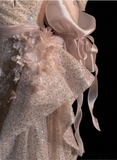 Champagne Strapless 3D Flower Sequins Irregular Hem Long Prom Dresses HZ1024