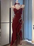 Burgundy Spaghetti Strap Heart Neck High Low Irregular Hem Dress HZ1024