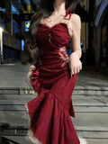 Burgundy Spaghetti Strap Heart Neck High Low Irregular Hem Dress HZ1024