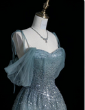 Blue Strapless Spaghetti Strap A Line Sequined Tulle Long Prom Dresses HZ1024
