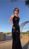 Vintage Navy Mermaid Embroidery Round Neck Off Shoulder Velvet Dress HZ1024