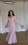 Pink Mermaid Long Sleeve Ruffle Maxi Ball Gown HZ1024