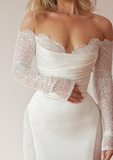 Elegant Mermaid Off-shoulder Lace Long Sleeve Satin Train Wedding Dress HZ1024
