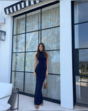 Elegant Navy Mermaid Turtleneck Sleeveless Shining Backless Floor Length Formal Prom Dress Evening Gown HZ1024