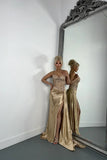 Elegant Gold Mermaid Spaghetti Straps Shiny Beaded High Slit Satin Formal Prom Dress Evening Gown HZ1024