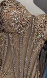 Elegant Gold Mermaid Spaghetti Straps Shiny Beaded High Slit Satin Formal Prom Dress Evening Gown HZ1024