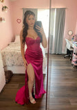 Pink Mermaid Strapless Necklace Satin High Slit Ball Gown Evening Dress HZ1024