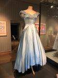 Elegant Blue A-line V-neck Beaded High-Low Satin Formal Prom Dress Evening Gown HZ1024