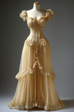 Vintage Champagne A-line Sleeveless Sweetheart Neck Lace Tulle Wedding Dress HZ1024