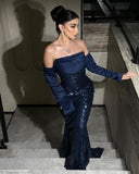 Navy Blue Mermaid Off Shoulder Strapless Sequin Floor Length Formal Prom Gown Evening Dress HZ1024