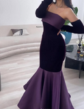 Charming Purple Mermaid Off Shoulder Velvet Satin Floor Length Ball Gown Evening Dress HZ1024