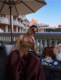 Chic Colorblock Halter Neck Satin Long Ball Gown Evening Dress HZ1024