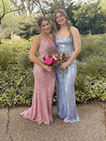 Pink Mermaid One Shoulder Sequin Slit Floor-Mounting Ball Gown Evening Dress HZ1024