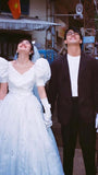 Vintage French White A-line Short Sleeve Floor Length Wedding Dress HZ1024