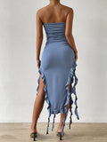 Simple White Mermaid Off-shoulder Strapless Slit Ruffled Ball Gown Evening Dress HZ1024