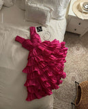 Vintage Pink V Neck Layered Tea Length Evening Gown Homecoming Dress HZ1024