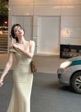 Elegant Light Yellow Mermaid Short Sleeve Chiffon Ankle-Length Dress Ball Gown HZ1024