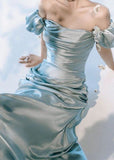 Elegant Blue Mermaid Off Shoulder Slit Formal Bridesmaids Prom Dress HZ1024