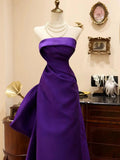 Purple Satin Scoop A-line Floor Length Party Dress, Purple Satin Long Prom Dress with Bow HZ1024