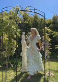Elegant Blue Printed V-Neck Short Sleeve Ruffle Satin Ball Gown Evening Dress HZ1024