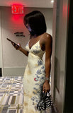Sexy Light Yellow Spaghetti Strap V Neck Printed Mermaid Ball Gown Evening Dress HZ1024