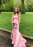 Elegant Pink Mermaid Satin Strapless Long Ball Gown Bridesmaid Dress HZ1024