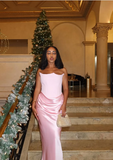 Elegant Mermaid Pink Strapless Satin Long Ball Gown Evening Dress HZ1024