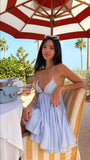 Spaghetti Strap V Neck A-Line Sleeveless Blue Backless Tulle Mini Party Dress Homecoming Dress HZ1024
