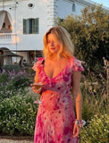 Printed Pink Strap Ruffle Chiffon Tea Length Ball Gown Party Dress HZ1024