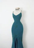 Vintage Blue Spaghetti Strap V Neck Beaded Off Shoulder Mermaid Ball Gown Evening Dress HZ1024