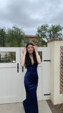 Navy Spaghetti Strap V Neck Satin Slit Formal Long Prom Dress Bridesmaid Dress HZ1024