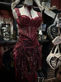 Vintage Burgundy Strap Lace Beaded Sequin Satin Mermaid Prom Dress Party Dress HZ1024
