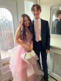Elegant Pink A-line Spaghetti Strap Backless Layered Tulle Long Ball Gown Bridesmaid Dress HZ1024