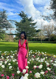 Bright Pink Deep V Neck Sleeveless Velvet Mermaid Long Prom Dress HZ1024