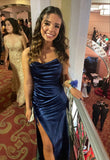 Navy Spaghetti Strap Satin Slit Prom Dress Bridesmaid Dress HZ1024
