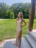 Shiny Gold Spaghetti Strap Sleeveless High Slit Floor Length Ball Gown Bridesmaid Dress HZ1024