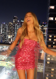 Gorgeous Pink Off Shoulder Sleeveless Sequined Mini Prom Gown Party Dress HZ1024