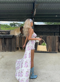Printed Spaghetti Strap Sleeveless Chiffon High Low Prom Dress Party Dress HZ1024