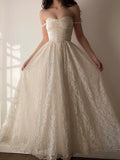 Vintage Ivory Spaghetti Strap Lace A-Line Prom Dress Wedding Dress HZ1024