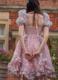 Sweetheart Pink Printed Short Sleeve A-Line Knee Length Birthday Party Dress Homecoming Dress HZ1024