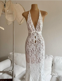 Sexy Deep V Neck White Lace Halter Backless Mermaid Prom Dress Evening Dress HZ1024