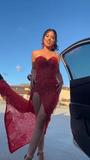 Sexy Burgundy Strapless Sweetheart Neck High Slit Bodycon Prom Dress Cocktail Dress HZ1024