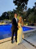 Classic Light Yellow Strapless Sleeveless Satin Mermaid Prom Dress Bridesmaid Dress HZ1024