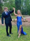 Classic Sapphire Blue Spaghetti Strap Slit Train Prom Dress Bridesmaid Dress HZ1024