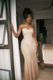 Vintage Ivory Shiny Mermaid Sleeveless Strapless Long Prom Dress Evening Dress HZ1024