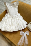Sweet White Rhinestone A-Line Bow Mini Party Dress Homecoming Dress HZ1024