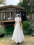 Simple Fashion White V-neck Design Elegant A-line Short-sleeved Dress HZ1024